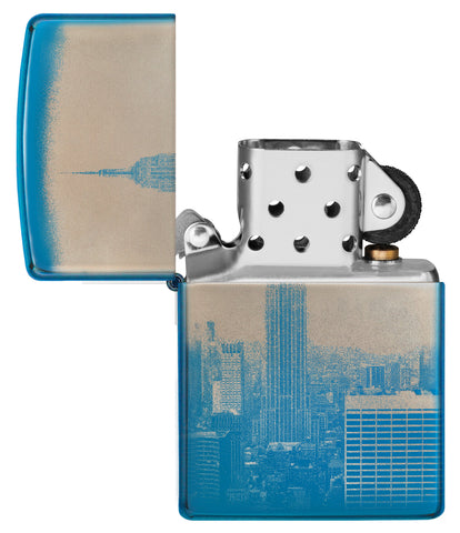 Zippo Feuerzeug 360 Grad poliert blau mit New York Skyline Empire State Building Online Only geöffnet ohne Flamme