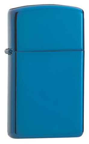 Vue de face 3/4 briquet Zippo Slim bleu saphir modèle de base