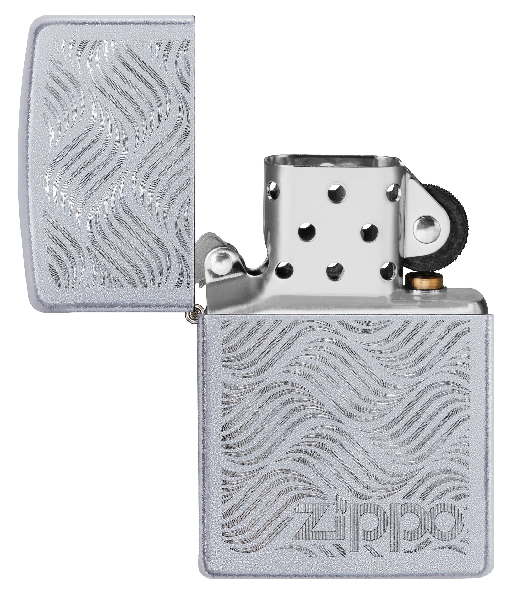 Vista frontal del mechero a prueba de viento Zippo Geometric Pattern Design apagado, sin llama