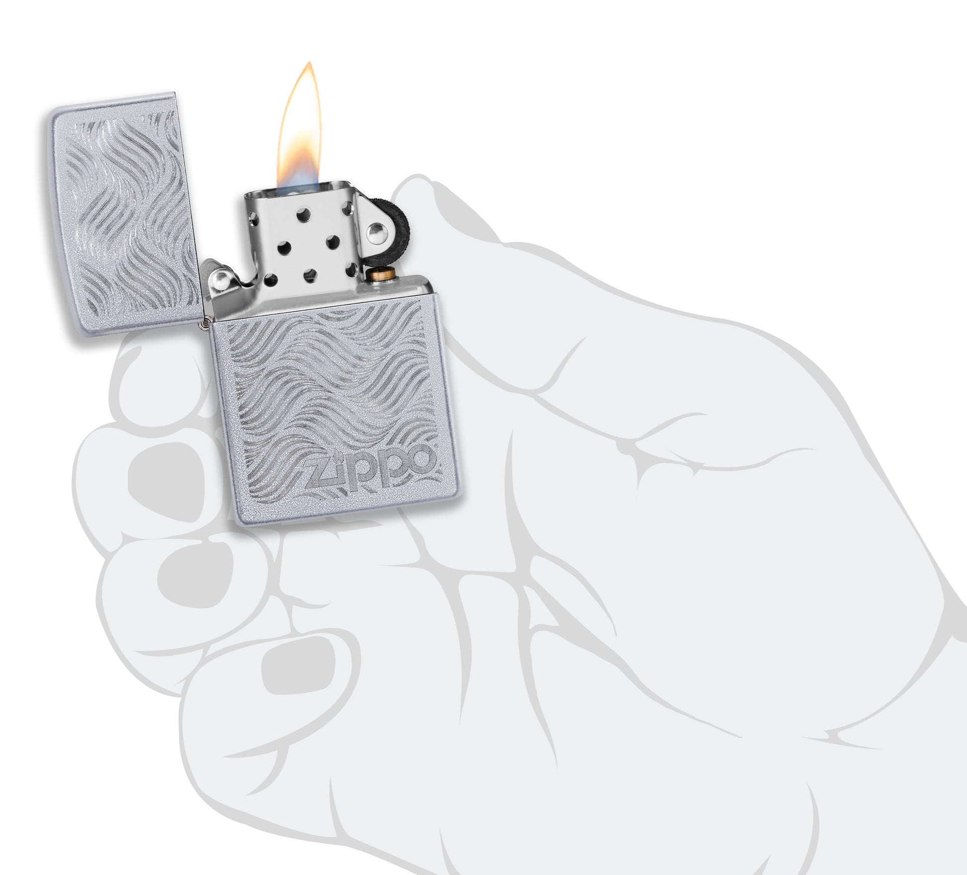 Mechero a prueba de viento Zippo Geometric Pattern Design en una mano para representar el tamaño del mechero