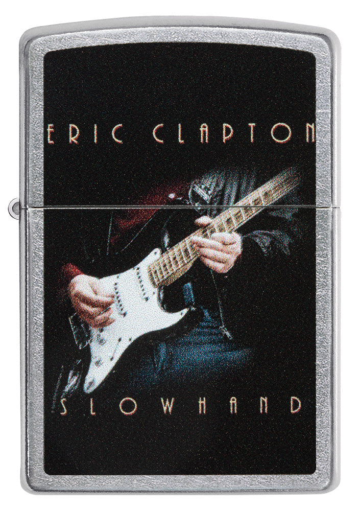 Encendedor Zippo vista frontal cromada con imagen coloreada de Eric Clapton tocando la guitarra