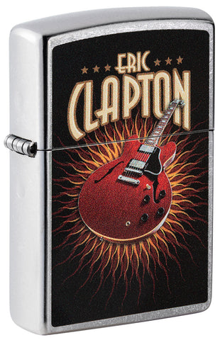 Encendedor Zippo vista frontal ¾ de ángulo cromado con imagen coloreada de una guitarra roja de Eric Clapton
