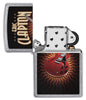 Encendedor Zippo vista frontal cromo abierto con imagen coloreada de una guitarra roja de Eric Clapton