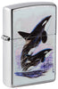 Un par de hermosas orcas saltan fuera del agua en este motivo de Imagen en Color en un encendedor Street Chrome. 