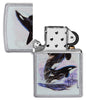Encendedor Zippo vista frontal cromo abierto con ilustración coloreada de dos orcas dibujada por Guy Harvey