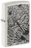 Encendedor Zippo vista frontal ¾ de ángulo blanco mate con ilustración de una libélula al estilo del arte aborigen