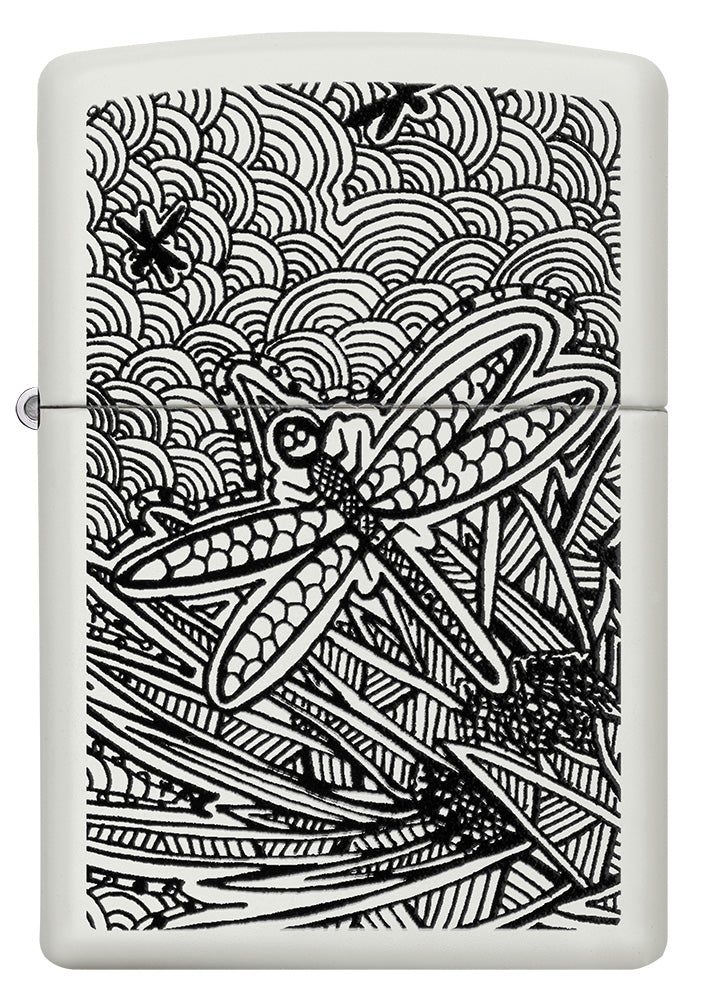 Encendedor Zippo Vista Frontal Blanco Mate con Ilustración de Libélula en Estilo de Arte Aborigen