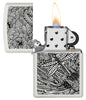 Encendedor Zippo Vista Frontal Blanco Mate Abierto y Encendido con Imagen de Libélula en Estilo de Arte Aborigen