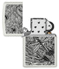 Encendedor Zippo Vista Frontal Blanco Mate Abierto con Imagen de Libélula en Estilo de Arte Aborigen