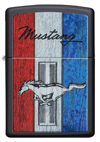 Encendedor Zippo vista frontal negro mate con imagen coloreada del logotipo de Ford Mustang