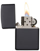 Vue de face briquet Zippo Black Matte modèle de base, ouvert avec flamme