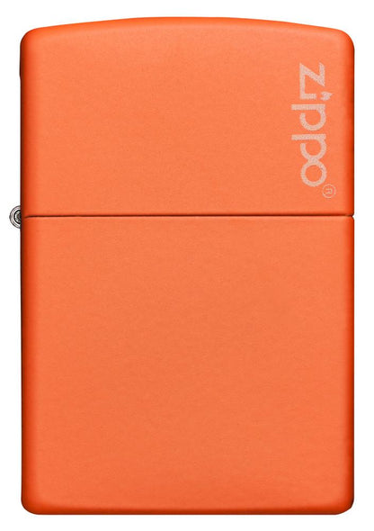 Vue de face briquet Zippo Orange Matte modèle de base avec logo Zippo