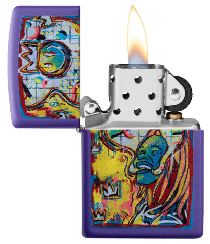 Zippo Feuerzeug Smiling Man lila matt mit buntem Smiley Online Only geöffnet mit Flamme