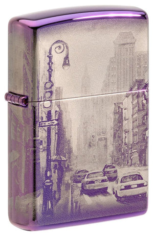 Frontansicht 3/4 Winkel Zippo Feuerzeug lila 360 Grad New York City mit Hochhäusern und amerikanischen Yellow Cabs