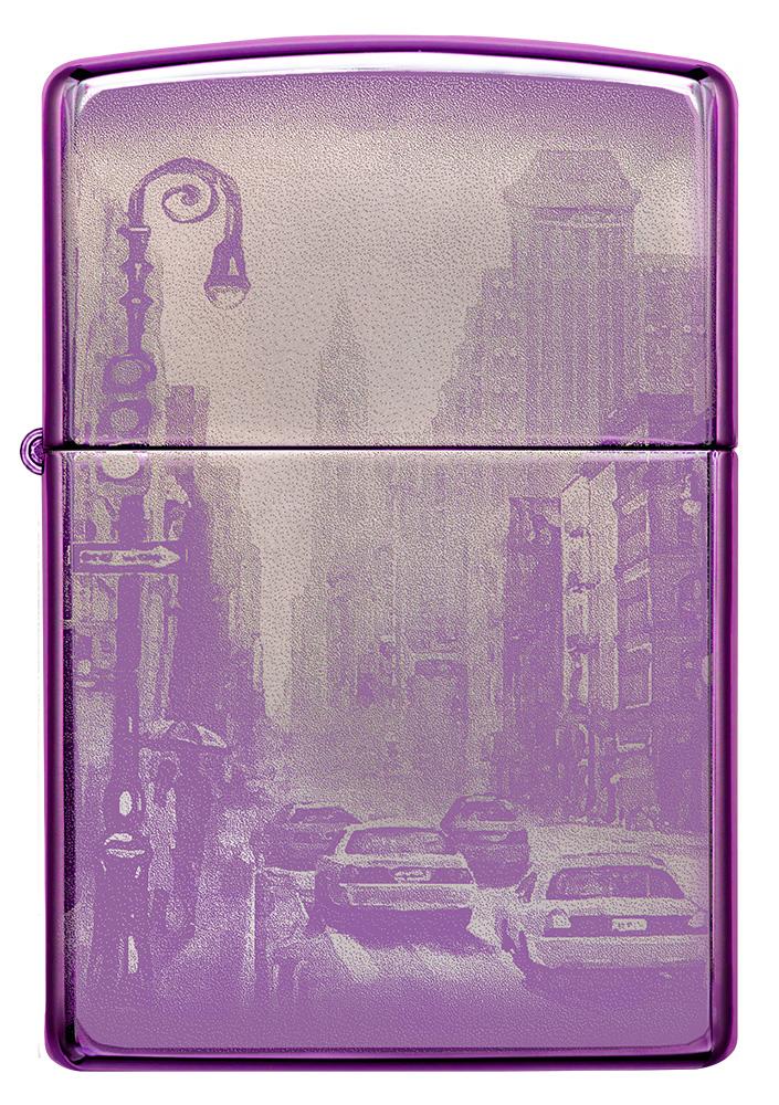 Frontansicht Zippo Feuerzeug lila 360 Grad New York City mit Hochhäusern und amerikanischen Yellow Cabs