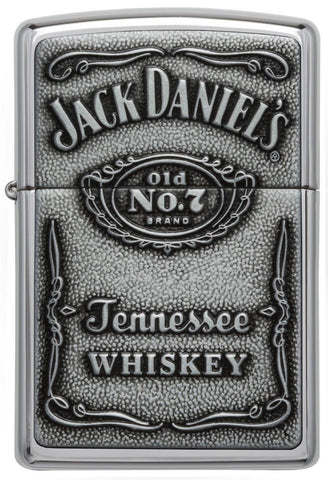 Vue de face briquet Zippo High Polish Chrome emblème logo Jack Daniel's