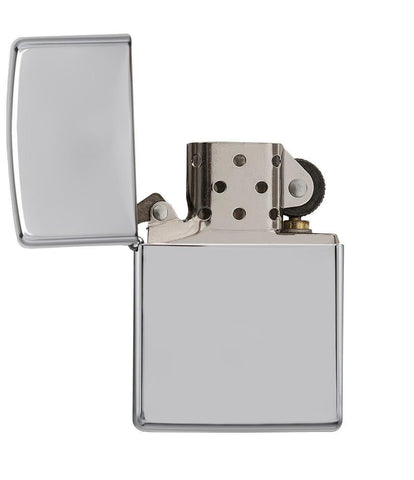 Vue de face briquet Zippo High Polish Chrome modèle de base, ouvert