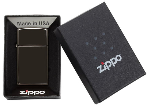 Briquet Zippo Slim High Polish Chrome modèle de base noir, dans une boîte cadeau ouverte