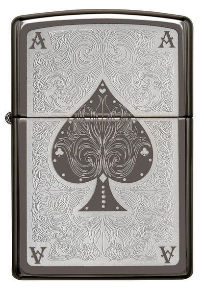 Vue de face briquet Zippo Black Ice avec gravure au laser carte as de pique