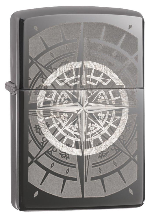 Vue de face 3/4 briquet Zippo Black Ice avec boussole