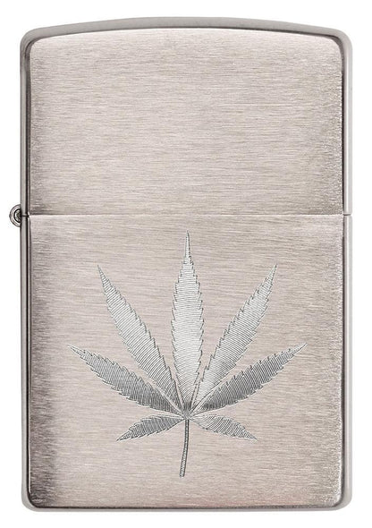 Vue de face briquet Zippo chrome brossé feuille de chanvre gravée