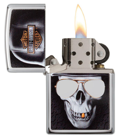 Briquet Zippo chromé Harley Davidson grande tête de mort avec casque, ouvert avec flamme