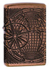Vue de face 3/4 briquet Zippo Armor Antique Copper Multi Cut avec gravure carte du monde