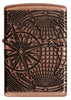 Vue de face briquet Zippo Armor Antique Copper Multi Cut avec gravure carte du monde