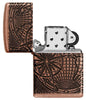 Vue de face briquet Zippo Armor Antique Copper Multi Cut avec gravure carte du monde, ouvert
