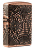 Vue de côté briquet Zippo Armor Antique Copper Multi Cut avec gravure carte du monde