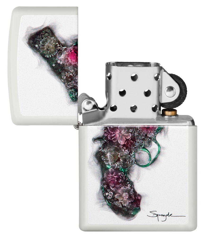  Briquet Zippo blanc avec pistolet de Spazuk, ouvert