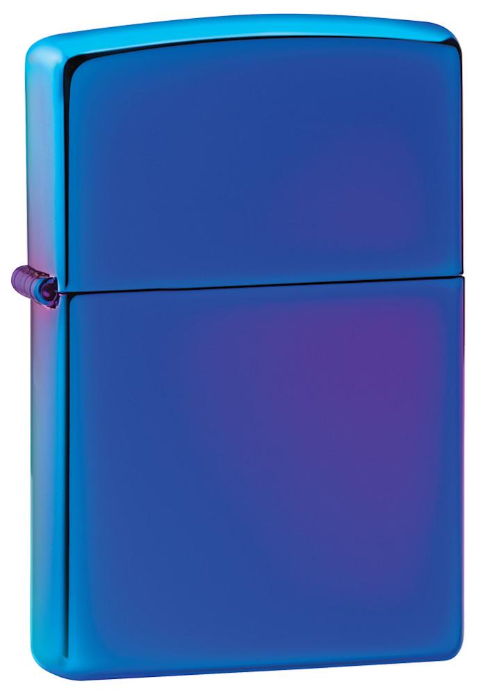 Vue de face 3/4 briquet Zippo bleu haute brillance