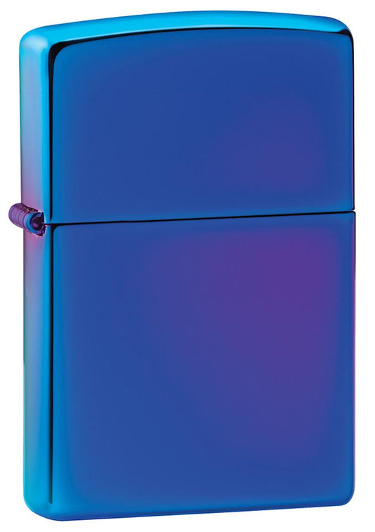 Vue de face 3/4 briquet Zippo bleu haute brillance