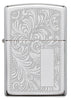 Vue de face briquet Zippo High Polish Chrome avec motif vénitien et plaque à graver