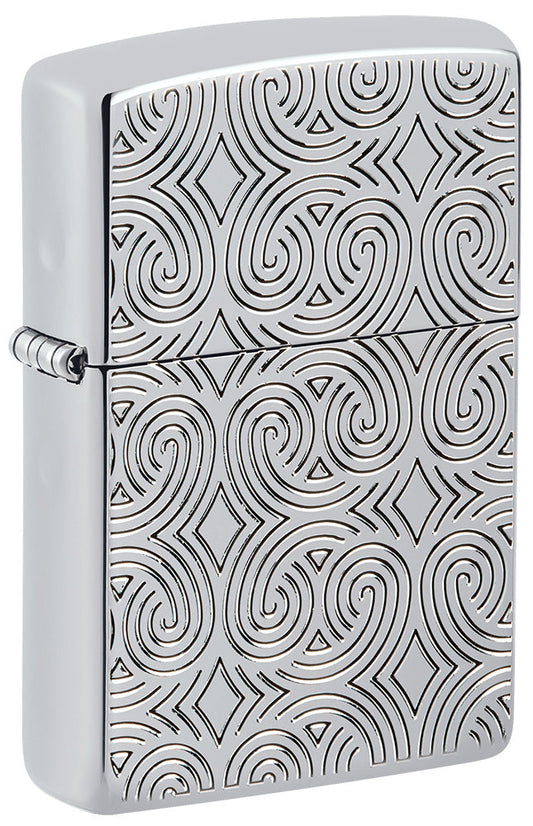 Vista frontal del encendedor Zippo ¾ Angle Armor® cromado de alto brillo con líneas profundamente grabadas