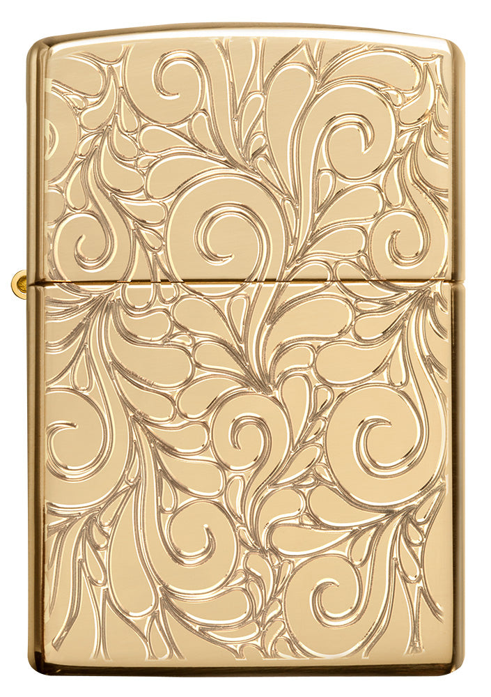 Encendedor Zippo Vista Frontal Armor® de latón altamente pulido con líneas garabateadas profundamente grabadas.