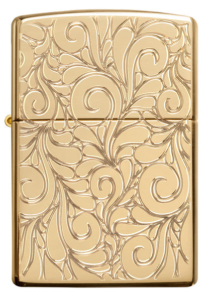 Encendedor Zippo Vista Frontal Armor® de latón altamente pulido con líneas garabateadas profundamente grabadas.