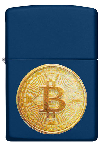 Encendedor Zippo vista frontal en azul marino con imagen texturizada de un Bitcoin