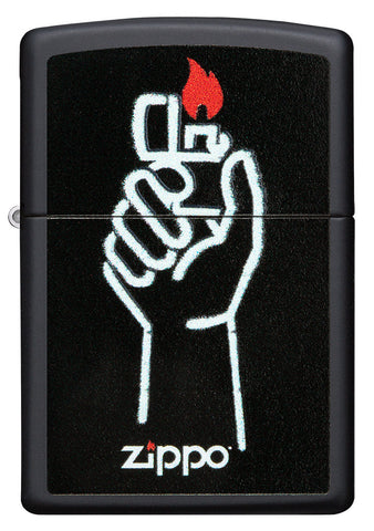 Encendedor Zippo vista frontal negro mate con ilustración de encendedor Zippo en una mano y logotipo Zippo