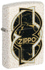 Encendedor Zippo vista frontal ¾ de ángulo en blanco Mercury Glass óptico con forma de oro negro jaspeado en el centro envuelto por una línea blanca y otra negra