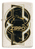 Encendedor Zippo vista frontal en blanco Mercury Glass óptico con forma de oro negro jaspeado en el centro envuelto por una línea blanca y otra negra