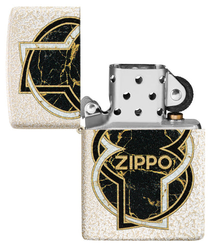 Encendedor Zippo vista frontal abierto en blanco Mercury Glass óptico con forma de oro negro jaspeado en el centro envuelto por una línea blanca y otra negra