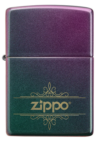 Encendedor Zippo vista frontal mate iridiscente en verde azul púrpura con logotipo Zippo Squiggly