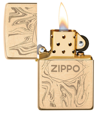 Encendedor Zippo de latón cepillado con aspecto de mármol y logotipo abierto con llama