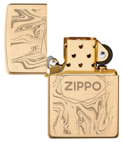 Encendedor Zippo de latón cepillado con aspecto de mármol y logotipo abierto sin llama