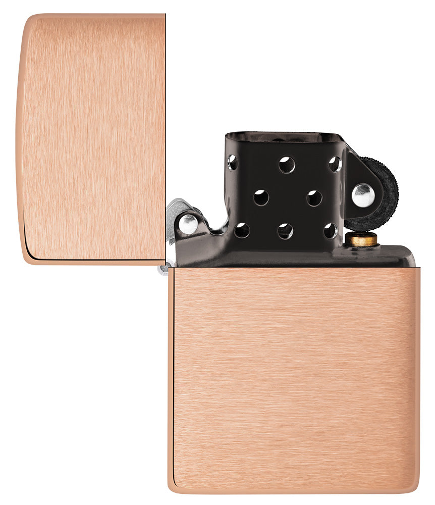 Encendedor Zippo modelo básico en cobre macizo cepillado e inserto negro abierto sin llama