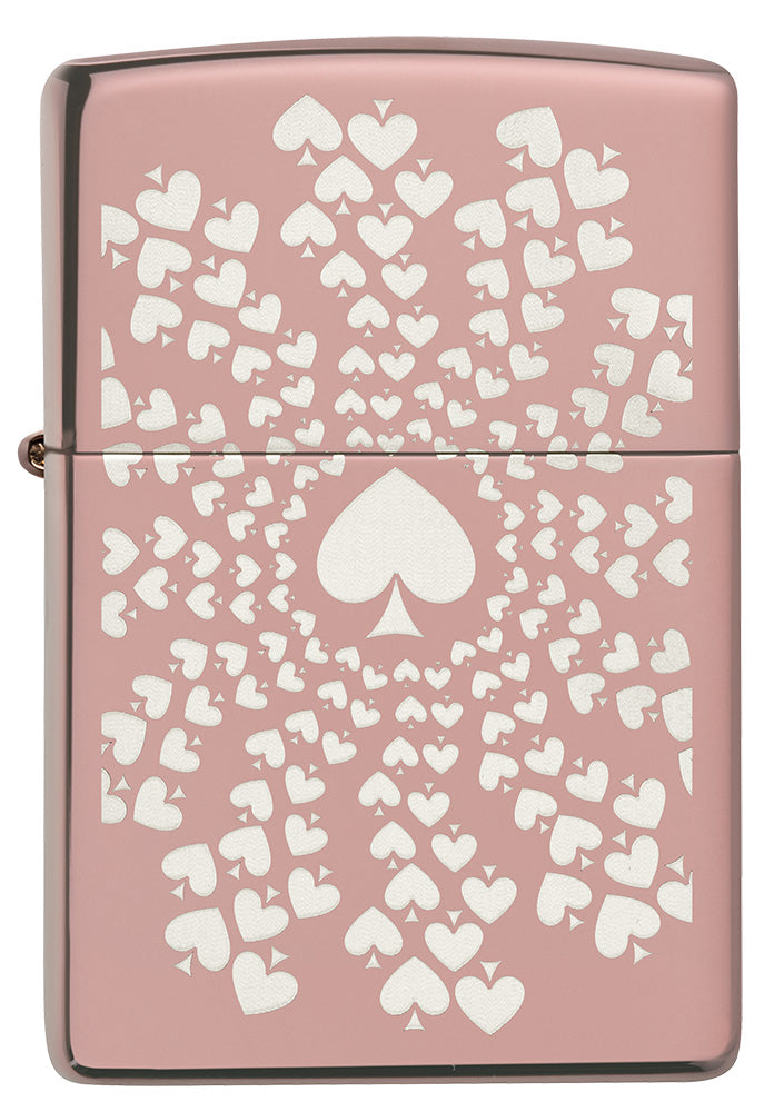 Encendedor Zippo Vista Frontal Oro Rosa Alto Brillo con Muchos Ases Circulares sobre Fondo Cromado