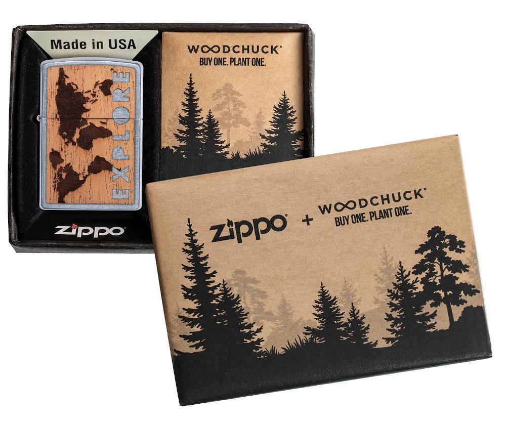 Briquet Zippo chromé Woodchuck Landscape dans une boîte ouverte