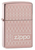 Frontansicht 3/4 Winkel Zippo Feuerzeug hochglanzpoliert Rose Gold Geometric Pattern Wellen Logo Online Only