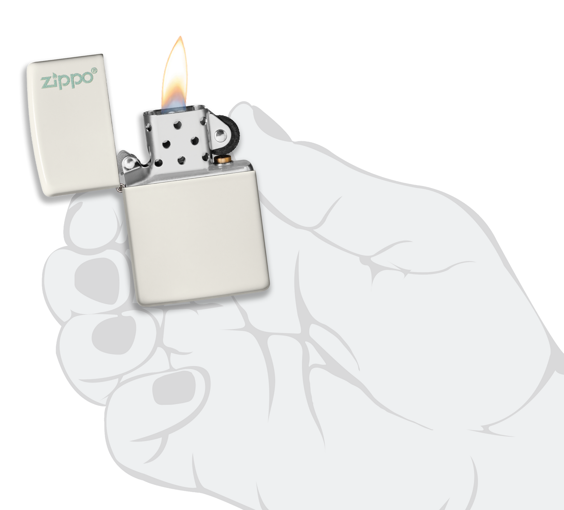 Mechero a prueba de viento Zippo Glow In Dark Zippo Logo en una mano para representar el tamaño del mechero